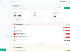 Dashboard overview showing total contract value ($254,050), value at risk, and portfolio health score (B+). Auto-renewal traps are flagged    with vendor logos and amounts. Portfolio insights highlight actionable recommendations. 