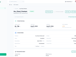 Contract detail view for a single vendor agreement. Shows extracted contract summary - value, start date, end date - plus contract details    including notice period, renewal terms, and financial information. One-click actions: re-extract, download, move, and delete.