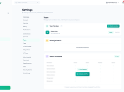 Team management settings showing team members, pending invitations, and role-based permissions. Roles include Admin, Manager, and Viewer    with granular access controls. Pro features available for advanced compliance needs.