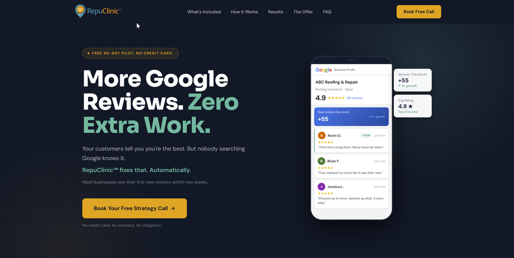 **RepuClinic™ Homepage** RepuClinic™ is built for local service businesses that want more Google reviews without adding work to their team. The homepage speaks to contractors and home service providers across 45+ categories.