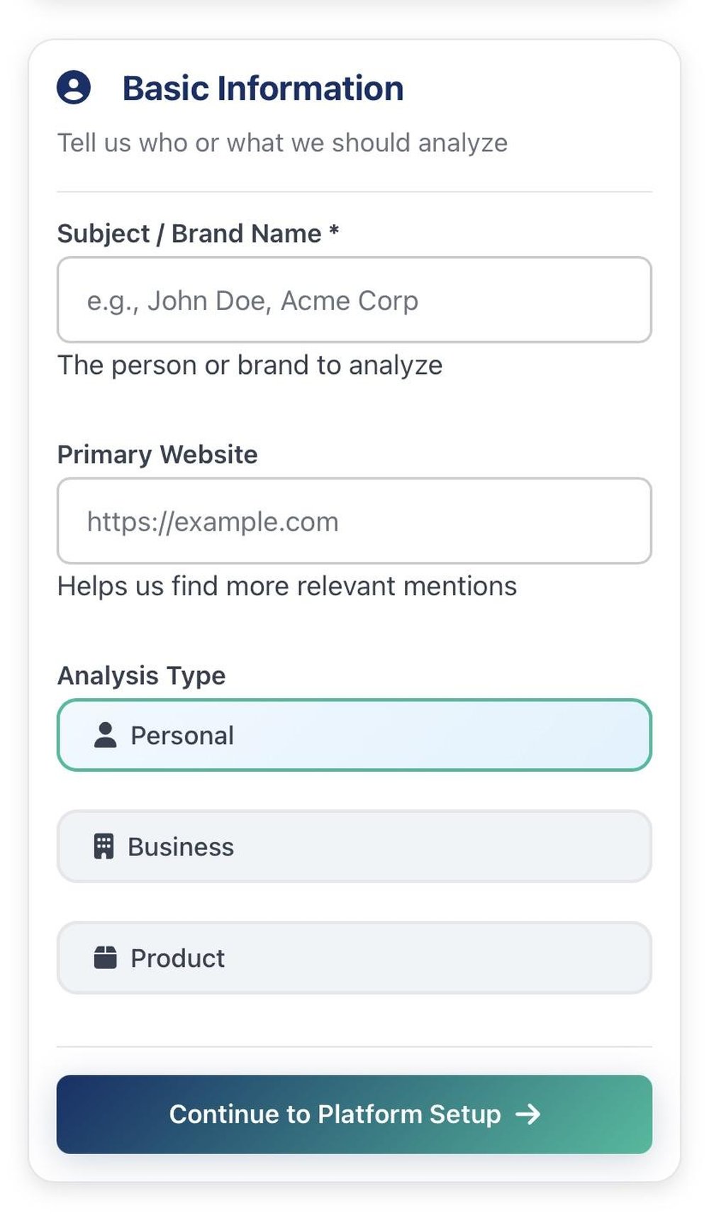 A clean, intuitive multi-step onboarding process. Users can easily request a personal, business, or product reputation analysis directly from their mobile device.