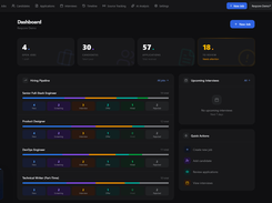 Recruitment dashboard with active job pipelines and application stats