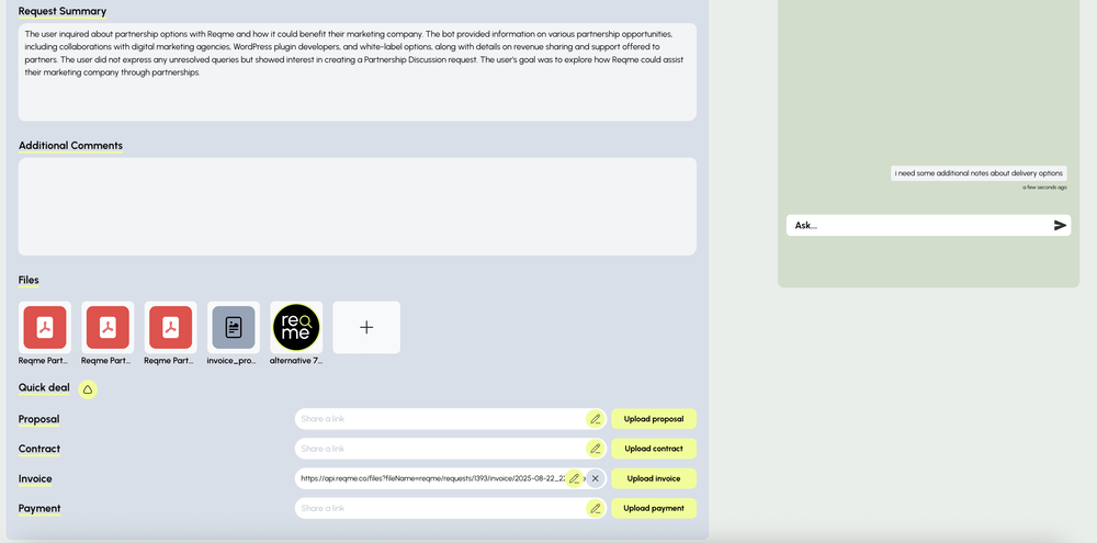 Request page with file sharing and chat