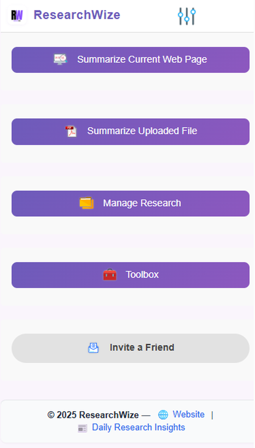 Main ResearchWize Interface — Quickly summarize webpages, PDFs, or documents using the AI-powered browser extension.