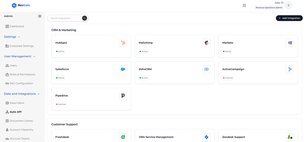 RevGain integrates with CRM, marketing, support, and more tools