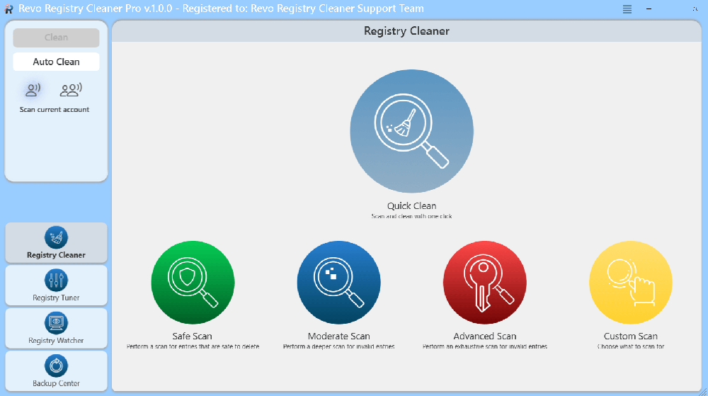 Revo Reigstry Cleaner Pro - Main Screen