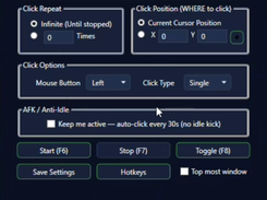 Roblox Auto Clicker Open v1.1 - set click speed, pick X/Y position, choose button and start with F6