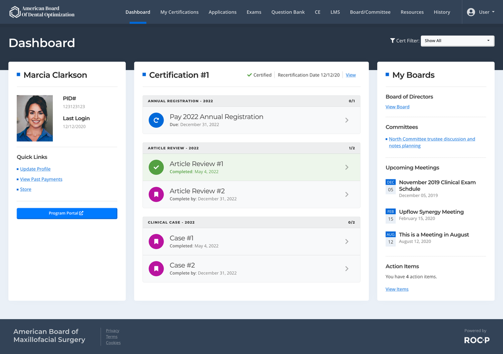 ROC-P's user dashboard for certification management