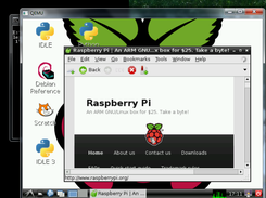 Raspbian in qemu with midori open on raspberrypi.org