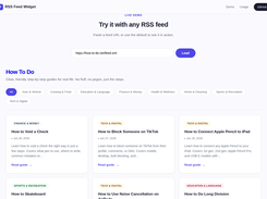 Live demo rendering the how-to-do.net RSS feed with category filtering and responsive card grid
