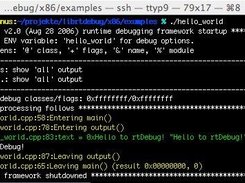 A simple hello world program and its colorized debug output.