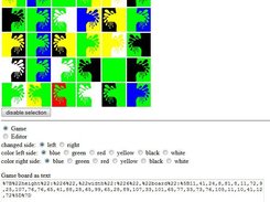 The Javascript interface. The 3rd from right bottom row rule has been used repeatedly to eliminate almost all other red. The remaining two rules with red only need to be aplied to themselves to eliminate all red.