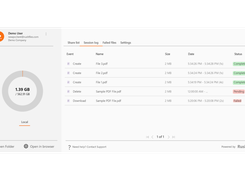 RushFiles sync engine showing file synchronization activity, storage usage, and transfer status for uploaded, downloaded, and modified files.