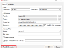 Click "Test S3 Connection" to verify the connection to the S3 provider, then press OK to save the new drive configuration.