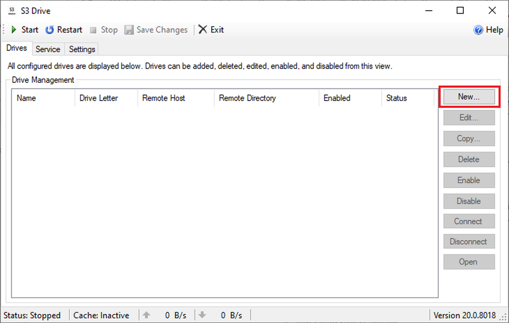 From the "Drives" tab of the main window, click "New" to open the Edit Drive dialog.