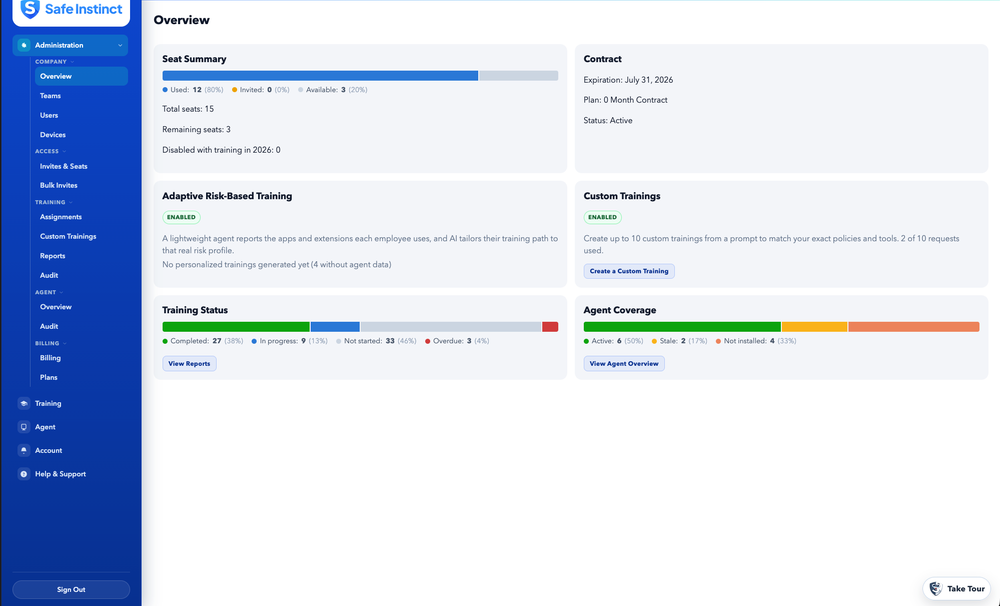 Owner dashboard: team training completion, scores, and overdue assignments