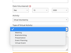 This is an example of an hour log. The option to "prefill from an event" is there for volunteers who might have RSVP'd to an event. There is also an option to choose a category that the volunteer hour will file under! 