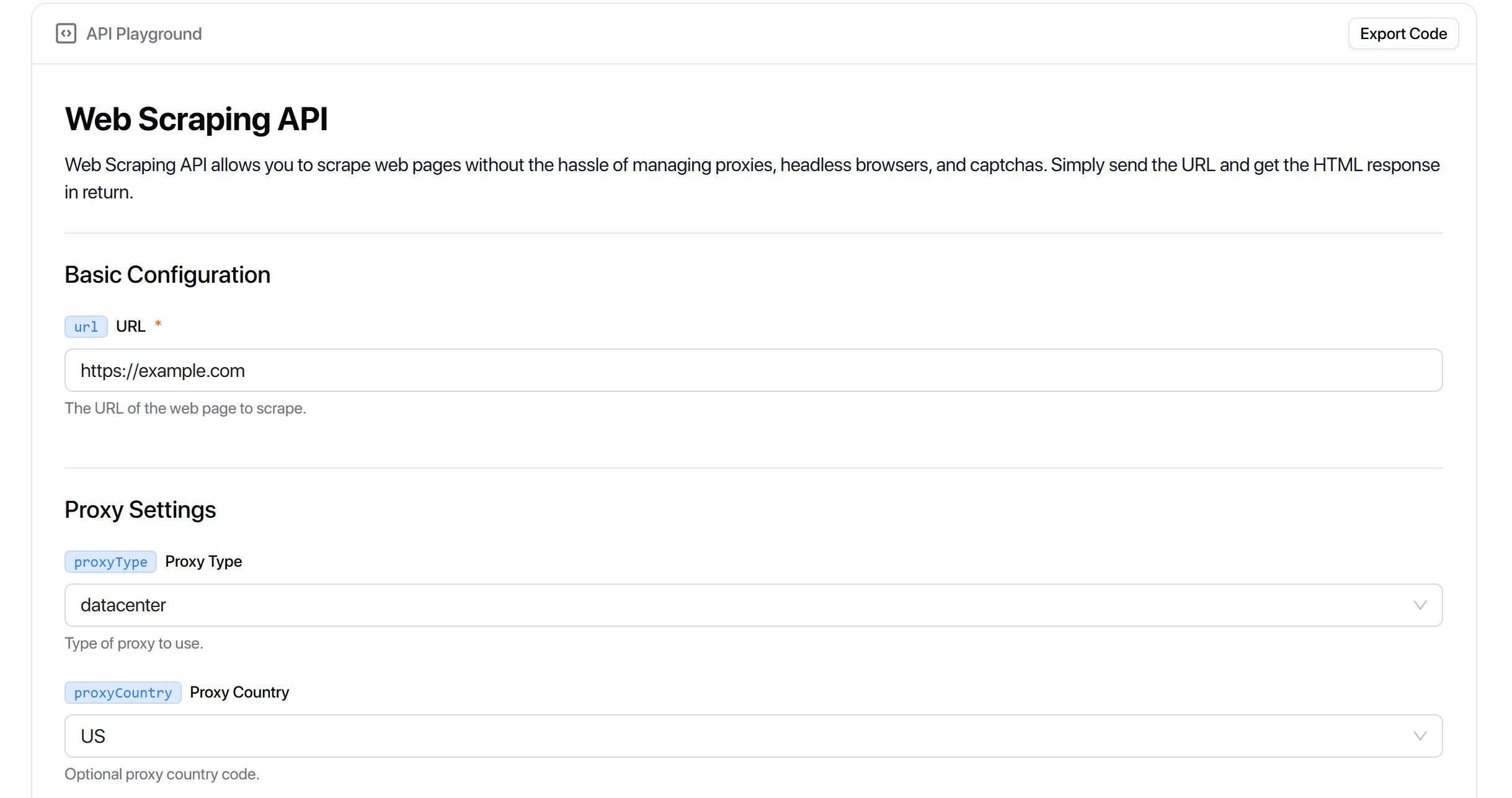 Web Scraping API - Configure URL and proxy settings for scraping.
