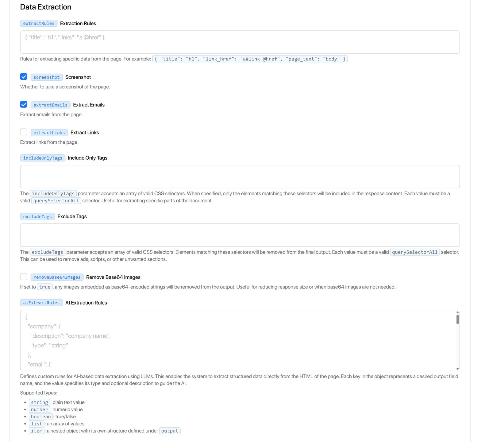 Define extraction rules and output options for data.