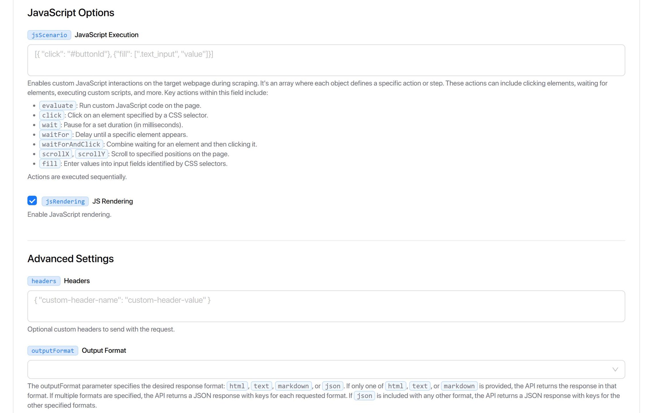 Execute JavaScript, render pages, choose format.