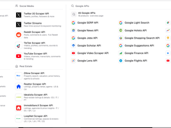 ScrapeBadger product overview showing all available scrapers organized by category: General Web, Social Media (Twitter, Reddit, TikTok, YouTube), Google APIs (18 products), Real Estate, and E-Commerce.