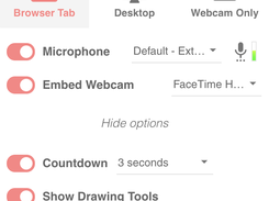 Choose to record a Browser Tab, Desktop, or Webcam Only recording. You can use your microphone and embedded webcam, add a countdown, enable drawing tools, and capture Tab Audio.