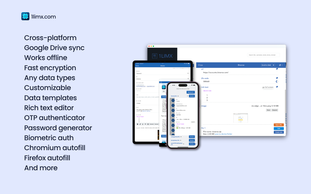 A cross-platform for file, password, information manager and an encryption tool at the same time. It can be used offline or synced with your own Google Drive.