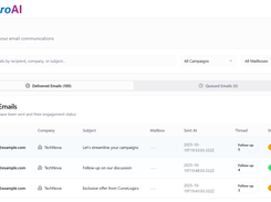 View all sent emails with delivery status, opens, clicks, and follow-up tracking.