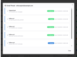 Automated follow-up sequence tracking with delivery, open, and reply indicators.