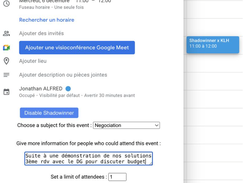 Shadowinner Calendar Extension: In this example, an employee planning a meeting simultaneously sends an alert to colleagues interested in learning more about negotiation. The alert includes context and a limited number of available spots.