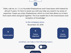 Shadowinner Profile: Displays career points (collaboration points received from colleagues), contributions in terms of events organized, events attended as a shadower, and reviews from colleagues.