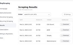 Download extracted product data in CSV, Excel, JSON, Shopify, or WooCommerce.