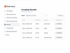 Download extracted product data in CSV, Excel, JSON, Shopify, or WooCommerce.