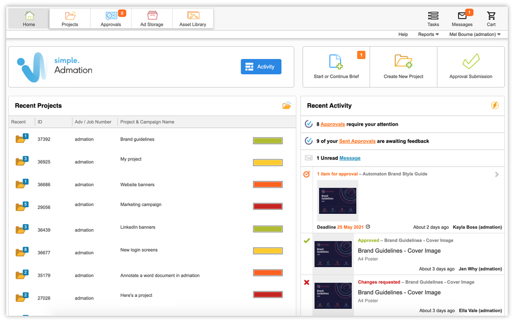A simple dashboard that displays projects, briefs, approvals, ad storage, asset library, tasks, messages and also recent activity for effortless access