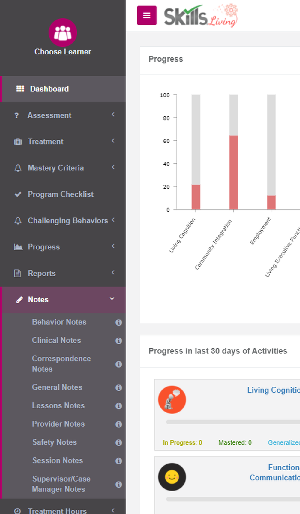 Skills Developing Dashboard and Notes Menu