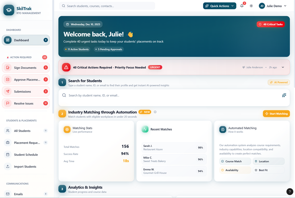 SkilTrak portal dashboard
