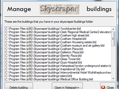 The 'Manage Buildings' screen, with Notepad++ as the text editor