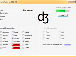 View of the phonem Quizzer after several iterations. Current state indicates the user has incorrectly answered a question and is preparing to move to the next.