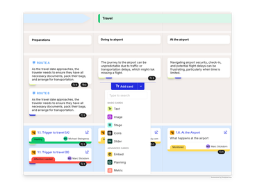 Close up of the journey editor: Flexibility of lanes and cards, multiple routes on one journey