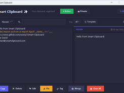 Smart Clipboard — main interface with clip list, preview panel and action bar