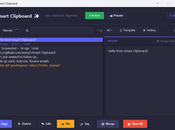 Smart Clipboard — main interface with clip list, preview panel and action bar