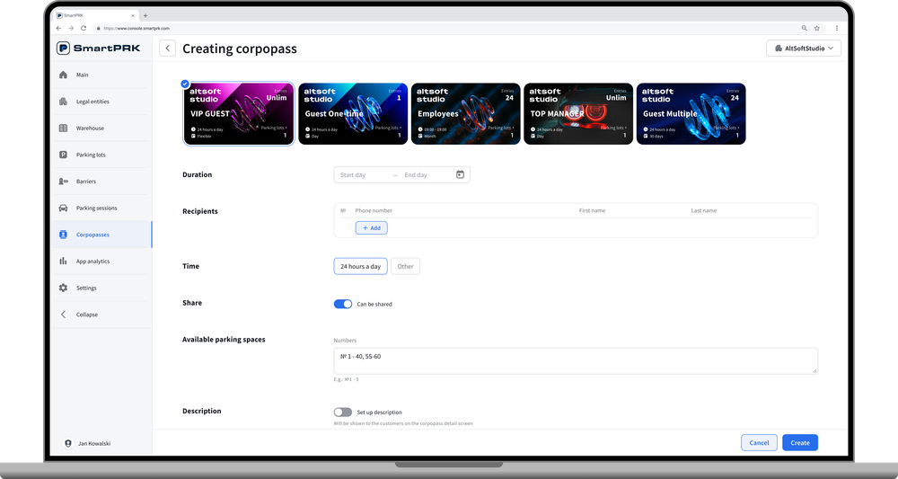 Create branded digital parking passes (Corpopasses) in seconds. Choose a pass type — VIP Guest, Employee, One-time — set duration, access hours, and recipient's phone number. The pass is instantly delivered to the driver's smartphone.