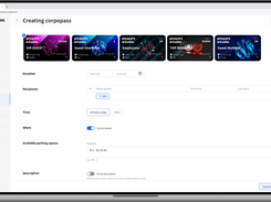 Create branded digital parking passes (Corpopasses) in seconds. Choose a pass type — VIP Guest, Employee, One-time — set duration, access hours, and recipient's phone number. The pass is instantly delivered to the driver's smartphone.