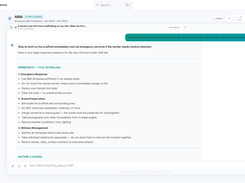 ARIA AI Intelligence interface showing a real emergency response — worker fall from scaffolding. ARIA delivers an   immediate 24-hour legal action plan under UAE law: emergency response, scene preservation, and witness management