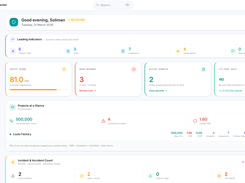 SmartQHSE HSE Command Center dashboard showing live KPIs: 81.0 safety score, 42,860 man-hours, 2 active permits, 8 toolbox talks, and 3 JSAs. AI module sidebar visible with 20+ generators. Real-time project tracking for active sites.