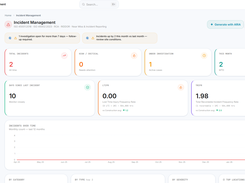 Incident Management dashboard showing live HSE statistics: 10 days since last incident, LTIFR 0.00, TRIFR 1.98 vs   construction benchmark 2.5. AI-powered incident analysis, investigation tracking, and 12-month trend chart built in.