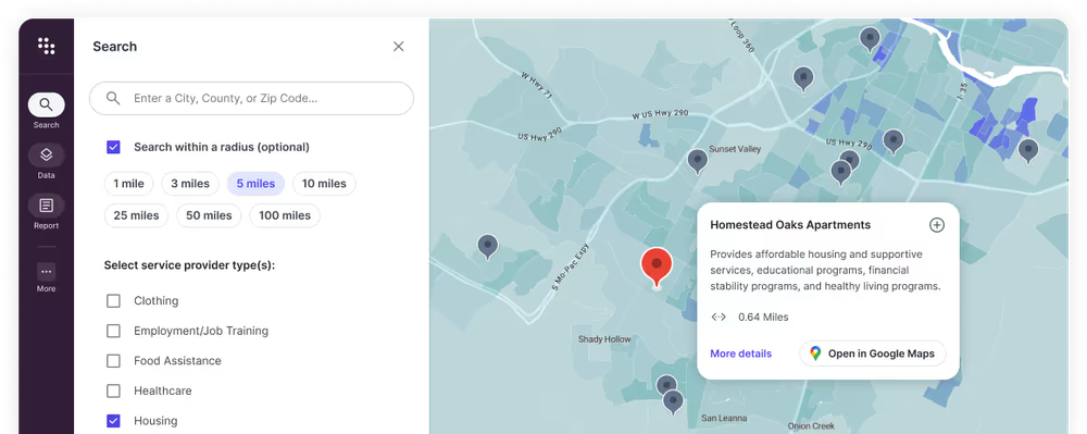 Determine the availability of different types of services in a specific location.