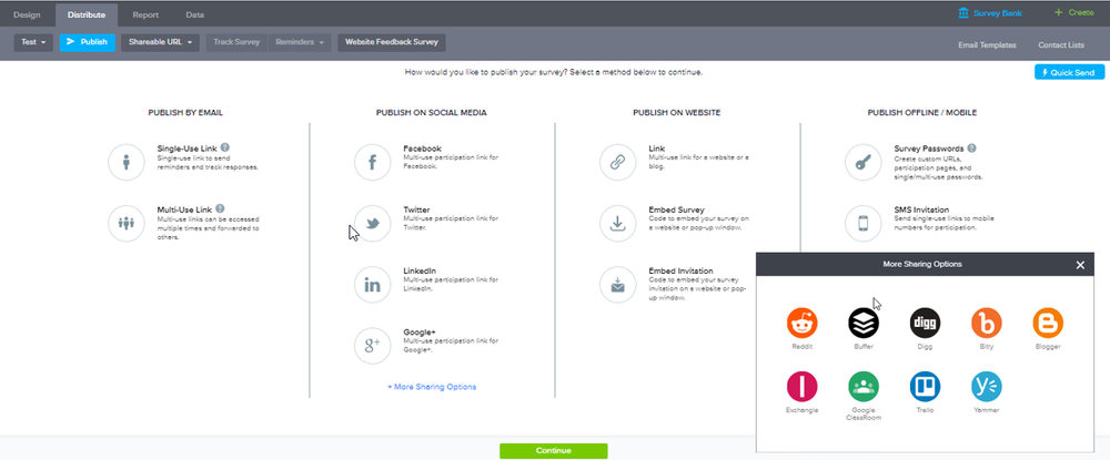 Survey Distribution: SoGoSurvey provides multiple avenues for expanding survey outreach while maintaining the integrity of data. The most popular distribution options include email, web posting, and social media platforms.