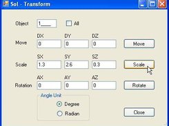 Transform dialog: Translation, Scaling and Rotation.