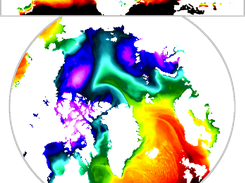 Warm incursion into the Arctic, interpolated from a lat-lon regular grid to a polar stereographic projection with the Akima method of SOSIE. Snaphost of ERA-Interim 2M air temperature, 2nd of january 2014.